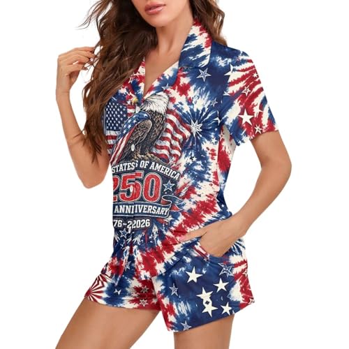 Image of Women's Short Sleeve Sleepwear Button 2 Piece Plus Size Pajamas Casual Soft Stretchy Funny Nightwear with Pockets