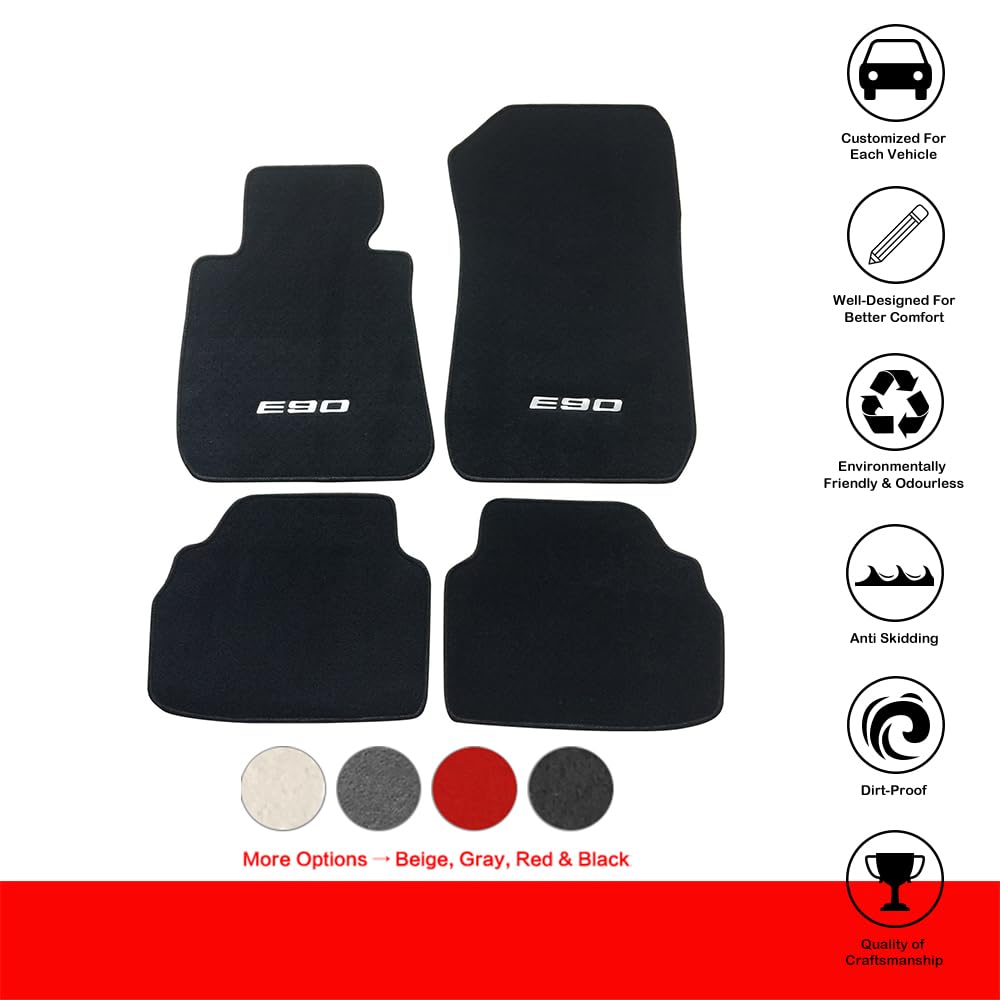 IKON MOTORSPORTS, Floor Mat Compatible with BMW E90 Logo 3 Series, 2006-2011 Factory Fitment Front & Rear Nylon Car Floor Carpets Carpet Liner