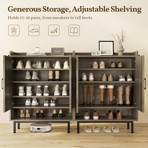 Image of Yaheetech Shoe Storage Cabinet with Doors, Farmhouse Shoe Cabinet with 2 Adjustable Shelves and 4 Side Hooks, Wooden Shoe Rack Organizer Cabinet for Entryway, Foyer, Hallway, Washed Gray