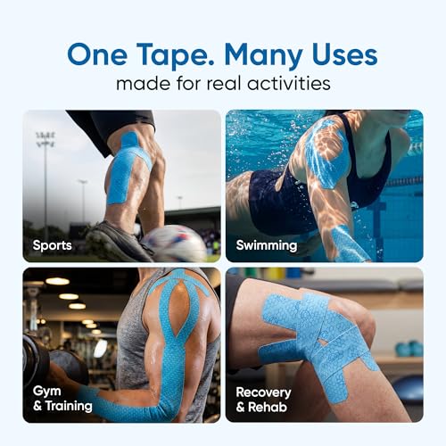 Image of Frido Kinesiology Tape for Sports Injury Pain Relief, Muscle and Joint Support | Waterproof Cotton Elastic Athletic Tape with Stretch Indicators | K Tape For Knee, Ankle, Arm & Shoulder | Light Blue