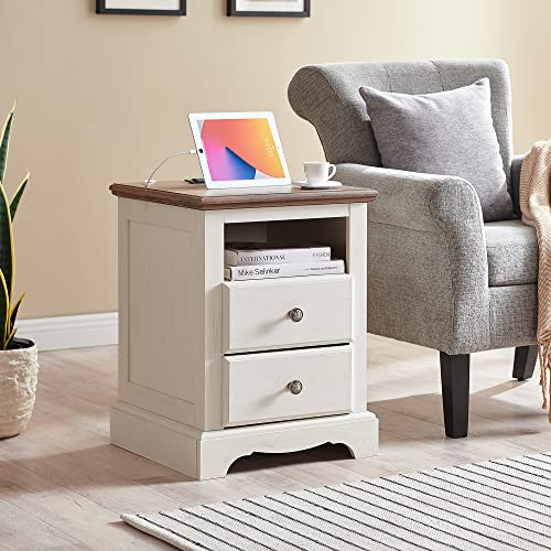 T4Tream Vintage White Nightstand With Charging Station, End Table With Storage, With Open Shelf And 2 Drawer，Electrical Outlets & Usb Ports, Antique White #TOP25