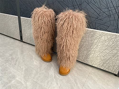 FurinFashion Over Knee High Mongolian Fur Boots Laides Boot with True Tibetan Fluffy Hairy Big Long Curly Hair For Girls Woman's Women Adults Size Skinning Winter Snowing Warm Shoes Flat Boots Blue Grey Pink Color (7, Khaki)2