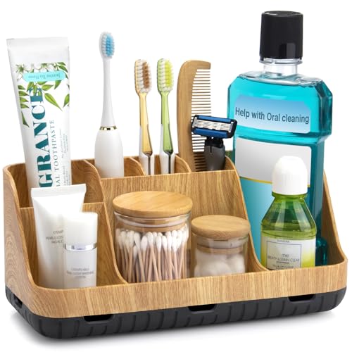 Bathroom Organizers and Storage – Detachable 7 Slots Kids Electric Toothbrush and Toothpaste Holde Drainage for Bathroom Accessories Organization Counter Vanity Storage, Wood