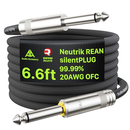 Image of AA AUDIO ACCESSORY Silent Guitar Cable 6.6ft, Neutrik REAN silentPLUG, Kevlar-Reinforced Nylon Braided Anti-Kinking, Auto Mute 20 AWG 99.99% OFC 1 /4 Instrument Cable, Shielded Amp Cord for Bass Guitar