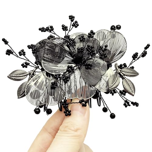 Accessoires cheveux fleurs noires mariage peignes ornement haute coiffure