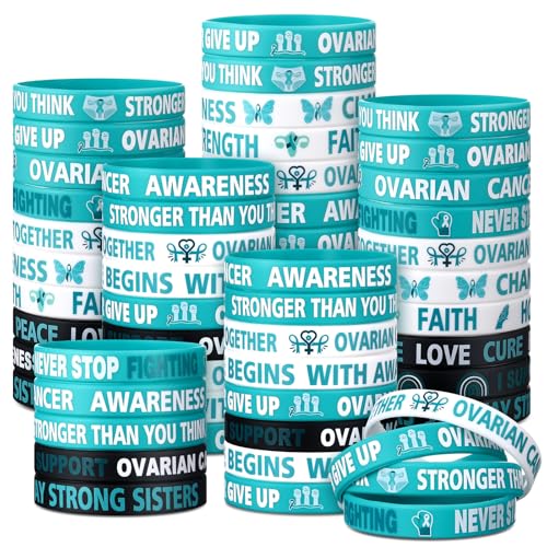 PullCrease 100 Pcs Ovarian Cancer Awareness Wristbands Bulk 10 Styles Teal Ribbon Silicone Bracelets Ovarian Cancer Awareness Wristbands with Inspirational Sayings for Women Event Favor Gifts