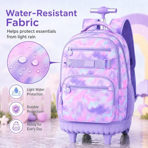 Image of 3Pcs Rolling Backpack for Girls Women, Travel Roller Backpacks with Wheels for Adults, Teens College Tie-Dye Wheeled Bookbag with Lunch Box(Purple)