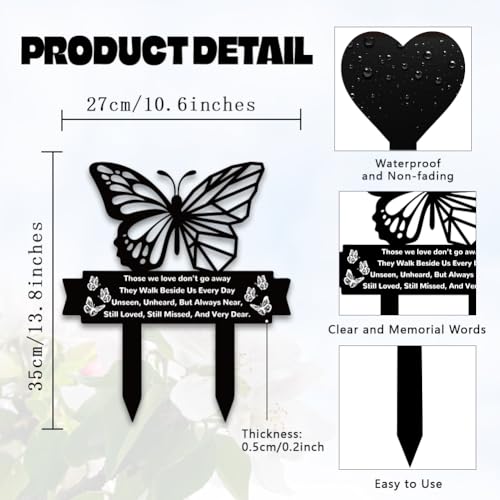 BEUNITONE Butterfly Memorial Grave Markers Word Metal Stakes Grave Plaque Stake Marker 10.6X13.7 Sympathy Garden Stake Remembrance Plaque Stake Sign for Cemetery Garden Outdoor Grave Decor - Image 2