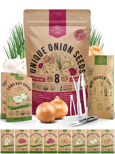 Organo Republic 8 Onion Seeds Variety Pack Heirloom Non-GMO Sets for Indoors Outdoors Gardening. 2200+ Seeds: Walla Walla Green Onion Red Burgundy White & Yellow Sweet Spanish Onions