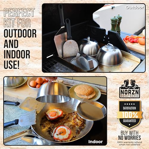 Norzn Brothers® Zestaw do Smash Burgera – Prasa do Burgerów, Szpatułka BBQ, Skrobak do Płyty Grilowej, Pokrywka Metalowa, Stal Nierdzewna 304, Bezpieczny kontakt z żywnością, 10-letnia Gwarancja