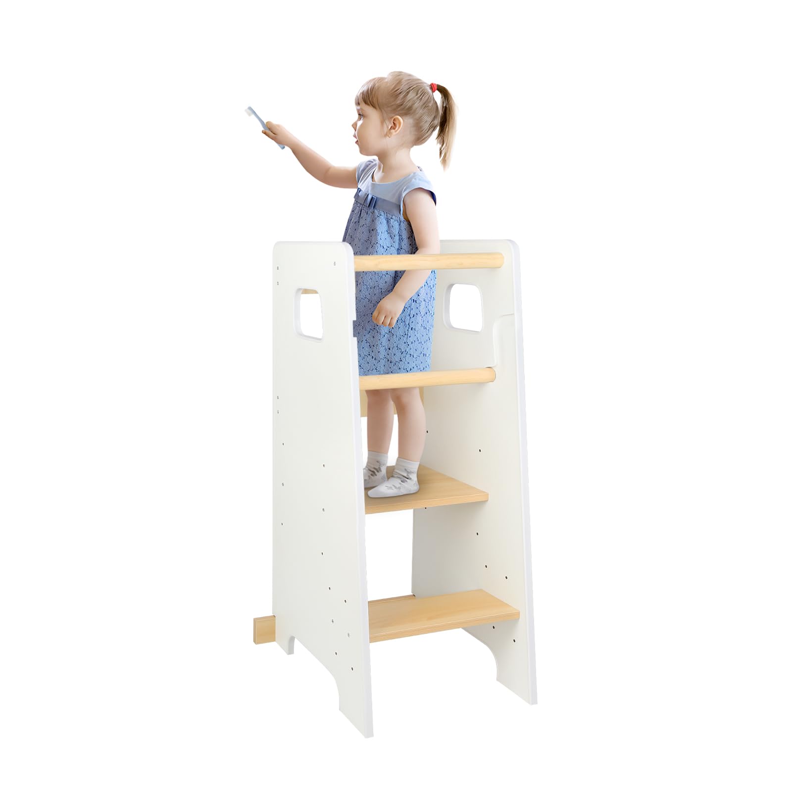 Beobachtungsturm für Kinder mit rutschfesten Streifen – Lernturm aus Holz höhenverstellbar – Montessori Hocker für Kinder Baby ab Ständer – 90 x 42 x 40 cm, Weiß