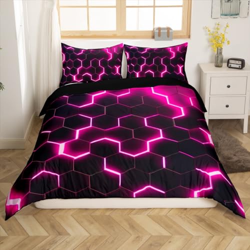 Homewish Geometric King Size Duvet Cover Sets Rose Red Honeycomb Bedding Sets for Boys Girls Beehive Simplistic Comforter Cover Modern Neon Gradient Quilt Cover - Image 2