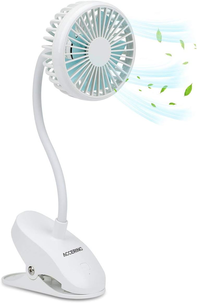 USB Portable Clip On Stroller Fan, 3 Speeds Settings, Flexible Bendable Mini Personal Fans with 2000mAh Rechargeable Battery Operated Quiet Desk Fans for Bed, Dorm, Car (White)