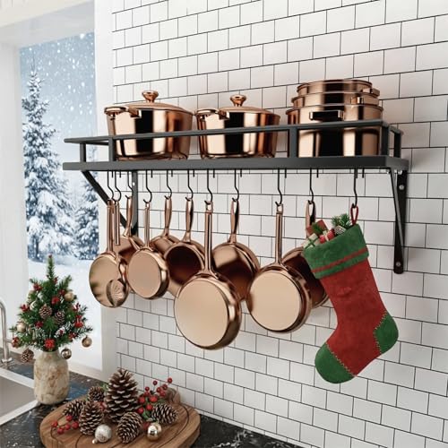 KES 30-Inch Kitchen Pan Pot Rack Wall Mounted Hanging Storage Organizer Wall Shelf with Hooks Matte Black, KUR215S75A-BK