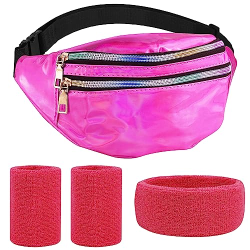 Eurtes 80er Jahre Accessoires, 4er Pack 80er Jahre Outfit Damen Herren Zubehör, Sportlicher 90er 80er Jahre Kleidung Schweißband Stirnband Armbänder und Wasserdicht Bauchtasche (Rosa)
