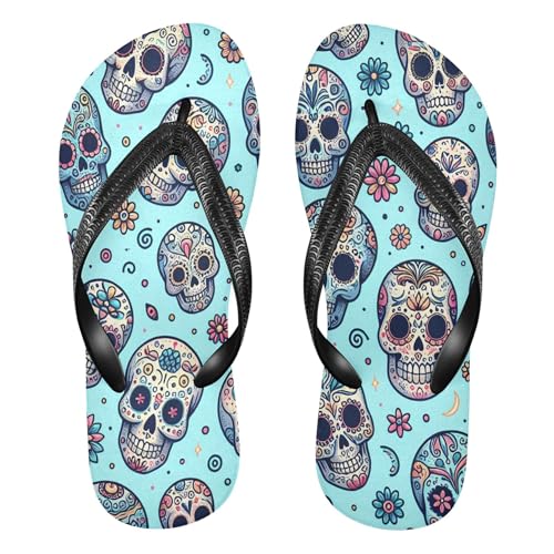 Burbuja Skulls on Blue Flip Flops for Women Men, Soft Thong Sandals Rubber Slippers for Pool Beach Essentials