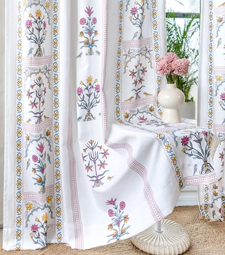 Image of Tranquebar Curtain Co. Cotton Curtains 7 Feet Long Set of 2, 60-65% Room Darkening, Pink Ethnic Curtains Floral Print, Door Curtains 7 Feet Set of 2, BackTabs, Sashi (213 cm) - Set of 2