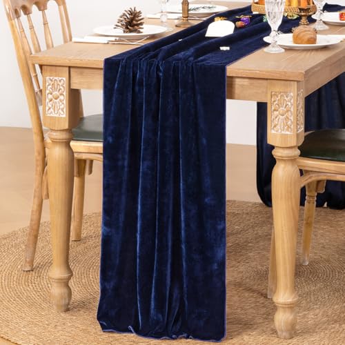 Image of MLMC Velvet Table Runner 10ft Luxury Velvet Fabric Elegant Table Decorations 20x120 Inches for Wedding Anniversary Romantic Dinner Holiday Kitchen and Dining Table Decor, 2 Pack, Navy Blue
