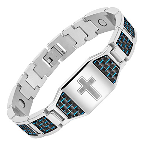 Willis Judd - Pulsera magnética de Titanio con Cruz Cristiana y Fibra de Carbono Azul para Hombre
