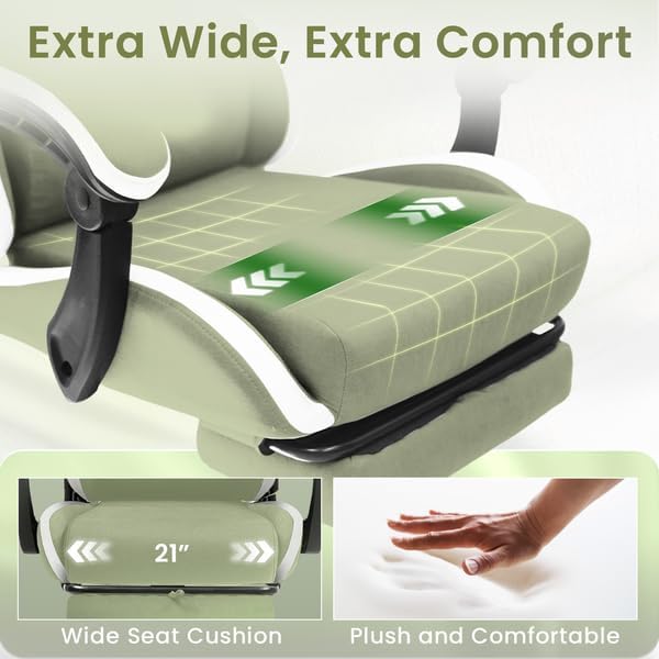 N-GEN GAMING Video Gaming Chair with Footrest Lumbar Support for Home Office High Back Recliner Height Adjustable Ergonomic Comfy Fabric Computer Desk Chair (Green) - 4