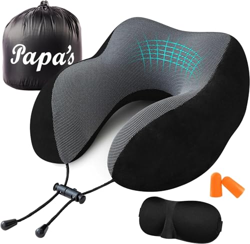 PAPA'S ® Travel Pillow Comfortable Neck and Head Support travel pillow for airplane Cars Trains Office Memory Foam Neck Pillow for travel Set with eye mask for sleeping ear plugs and a carry bag PAPA'S ® Travel Pillow Comfortable Neck and Head Support travel pillow for airplane Cars Trains Office Memory Foam Neck Pillow for travel Set with eye mask for sleeping ear plugs and a carry bag