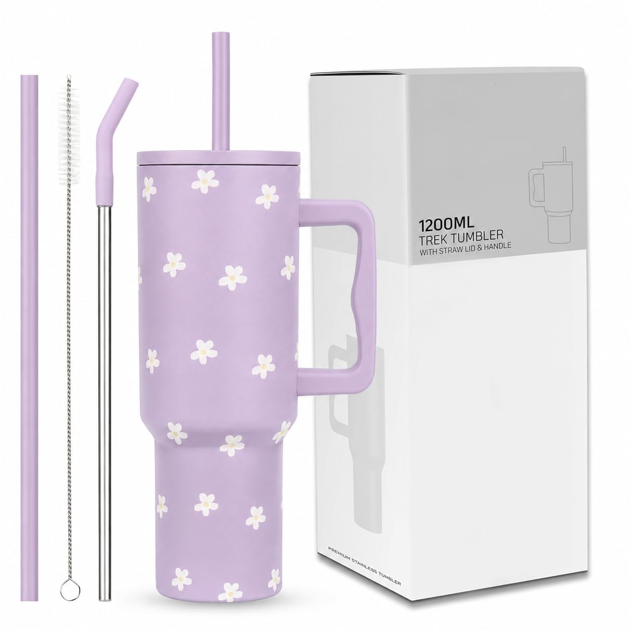 CYNVEXA Tumbler with lid and Straw 1200ML Cup Stainless Steel Vacuum Insulated Tumbler for Water, Iced Tea or Coffee 1.2L Office Gym Travelling (Purple_Flower)