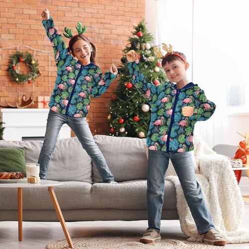 Flamingos Tropical Green Blue Leaves Kids Fleece Zip up Jacket, Comfy Light Sweatshirt Jacket 3T 5