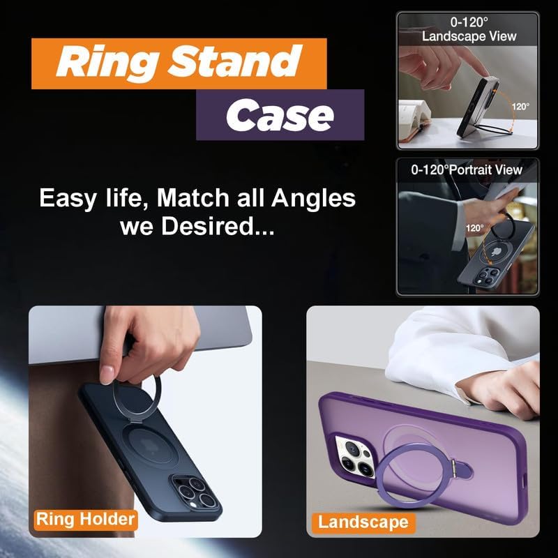 Image of AIBEX Back Cover for Apple iPhone 16 Pro MagSafe Compatible with OStand Ring Kickstand Magnetic Metal Alloy Ring | Wireless Charging | Thin Scratch Resistant Armor | Shockproof Protective Case-Purple