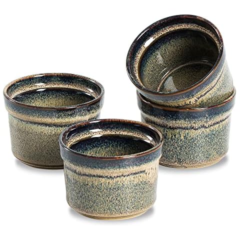 KYBSCZ Ceramic Ramekins 5.5 oz, Porcelain Ramekins set of 4, Oven Safe, Small Baking Ramekins for Creme Brulee Dishes-Caramel Brown Cover