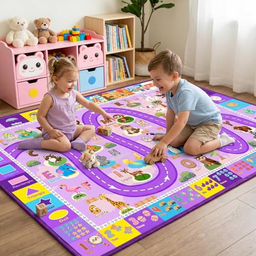 FJKJHKGJ Kids Rugs for Playroom 2.5x4 Feet, Educational ABC Alphabet Rug with Numbers Seasons, ABC Rugs for Kids Playroom Non-Slip Play Mat for Bedroom Nursery Classroom, Purple