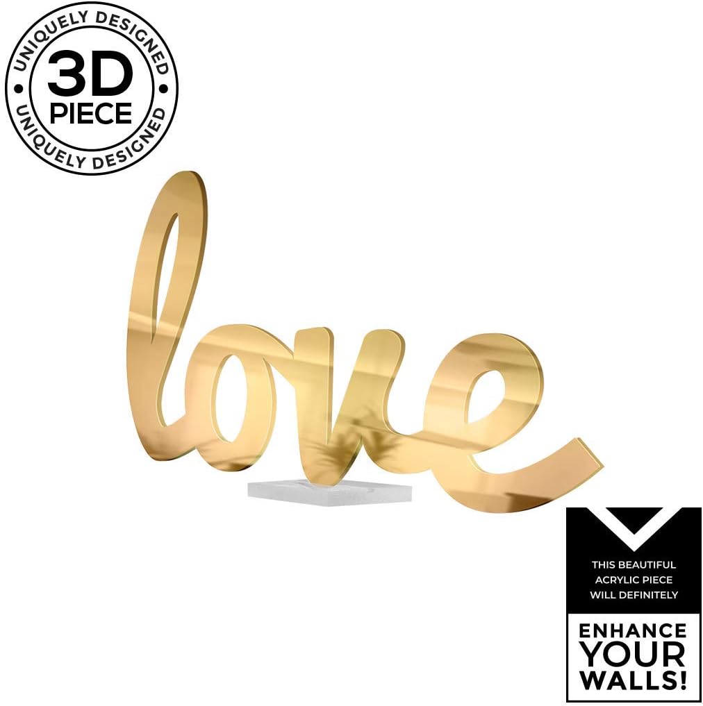 4ArtWorks - 3D Cursive Love Table Decor (Gold Mirror Finish) for Dorm Rooms, Living Spaces, Bedrooms and Modern Offices & Desks | Love Script Sign with Transparent Acrylic Base | Great Gift Idea