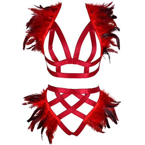 BBOHSS Damen Feder Body Harness Set Schulterklappen Flügel Punk Gothic Burning Man Unterwäsche Beine Strumpfband Kunst Kleidung Zubehör (Weinrot) Cover
