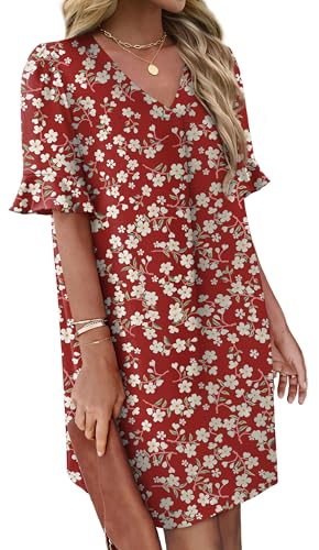 Image of OFEEFAN Summer Dresses for Women Ruffle Short Sleeve V Neck Casual Shift Dress with Pockets