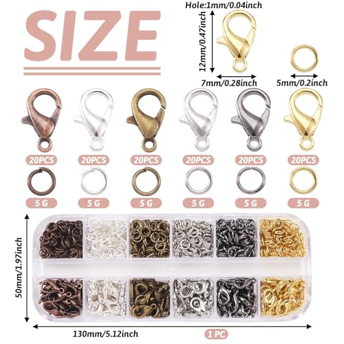 Pandahall 6 Colors Jewelry Finding Kits with 5mm Open Jump Rings & 12x6mm Lobster Claw Clasp for DIY Bracelet Necklace Jewelry Making