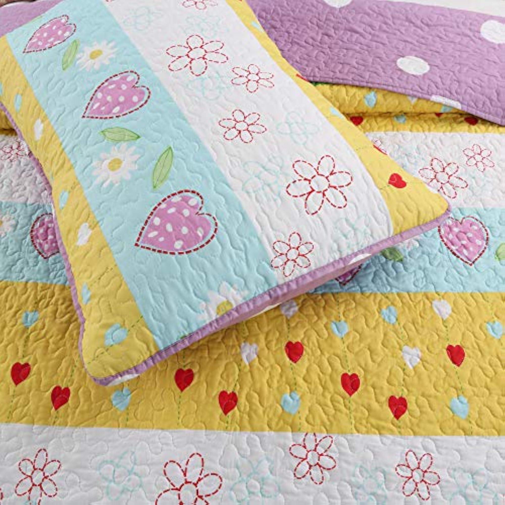 Floral Heart Print Reversible Quilt Set, Twin Size