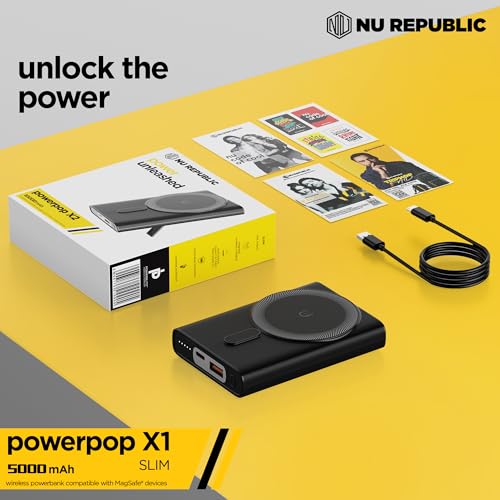 Image of Nu Republic Powerpop X2 10000mAh Wireless Power Bank with Kickstand, 15W Qi Wireless + 22.5W Wired, 3 Outputs, Type-C, USB-A, LED Indicator, Quick Charge, iPhone Compatible (Black)