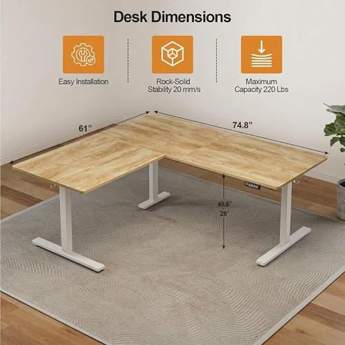 Image of Grandder 75 x 61 Inch L Shaped Standing Desk, Electric Height Adjustable Corner Stand Up Desk, Sit Stand Corner Table Home Office Table, Oak Top White Frame