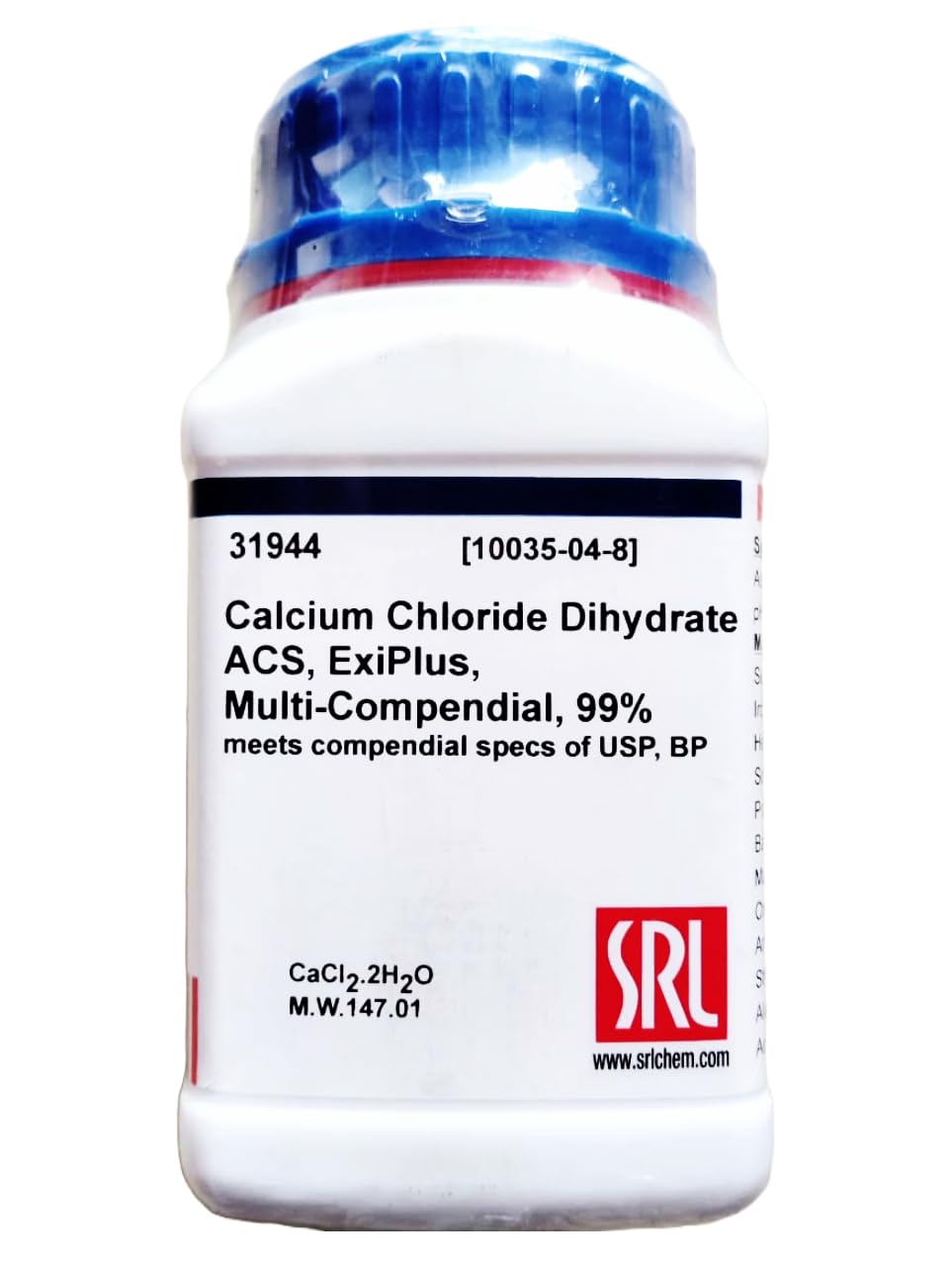 SRL Calcium Chloride Dihydrate, ACS Grade, 99% Purity, CAS: 10035-04-8, Molecular Formula: CaCl2.2H2O, Storage: Room Temperature, Shelf Life: 60 Months, for laboratory and industrial use-image-23
