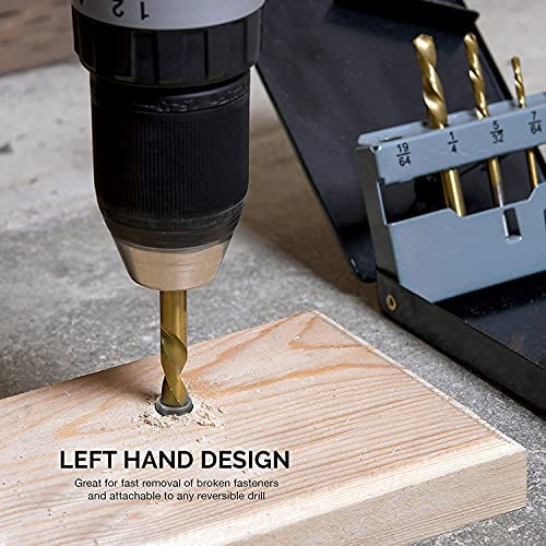 Image of NEIKO 10113A Left-Hand Drill-Bit Set, High-Speed Steel Drills with Titanium Nitride Coating, Reverse-Twist Drill Bits, SAE Sizes, 5-Piece Set