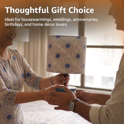 Image of Amazon Basics Kashida Bloom Table Lamp | Hand-Painted Mango Wood Base with Printed Polyester Shade | E14 Holder | Decorative Night Lamp for Bedroom, Living Room & Study Room | Home Decor Gift