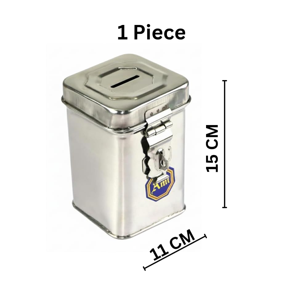 Stainless Steel Money Bank with Lock - Secure Savings Box -2