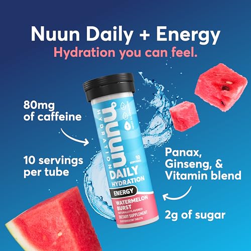 Image of Nuun Energy Electrolyte Tablets with Ginseng, Caffeine from Green Tea Extract, Vitamin B12, B6, B5, Magnesium & 4 Other Electrolytes, Gluten Free & Vegan, Watermelon Burst, 8 Pack (80 Servings Total)