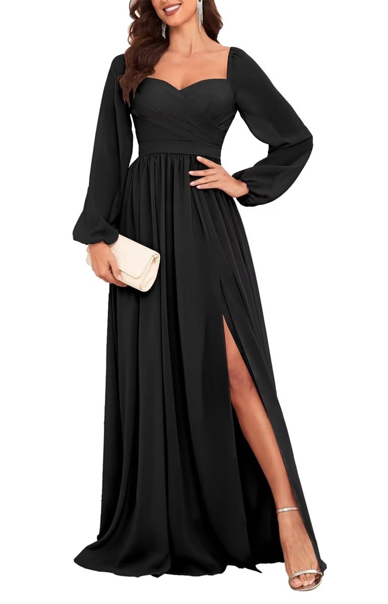 Hppee Women's Black Plus Size Long Sleeve Mother Of The Bride Dresses For Wedding With Slit Chiffon Bridesmaid Dress Uk24