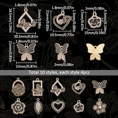 SUNNYCLUE 1 Box 40Pcs 10 Styles Valentines Day Rhinestones Charms Love Charm Bulk Heart Flower Butterfly Leaf Hollow Black Gold Charm for Jewellery Making Charms DIY Necklace Bracelet Earrings - Image 2