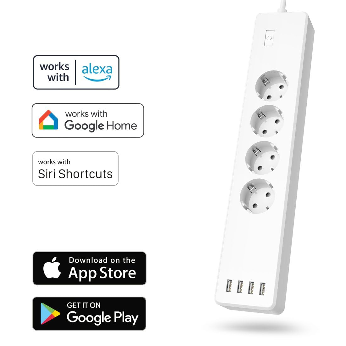 Hama Multipresa connessa WiFi intelligente (multipresa USB 4 prese 10 A + 4 USB, 2300 W, programmabile tramite app, 1,7 m, prese Alexa Google Home, misurazione conso elettrico, senza hub) bianco
