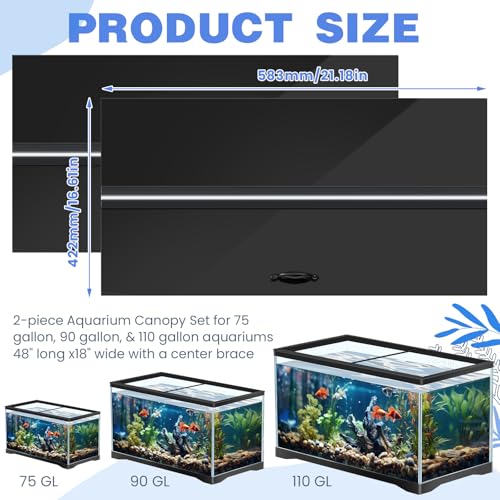 Image of Sieral Aquarium Lids Polycarbonate Canopy with LED Light 2 Pcs Set 22.95 x 16.61 x 0.12 Inch for 75 /90 /110 Gallon with Center Brace Aquariums Cover Fish Tank Lid with a Hook Knife, Black
