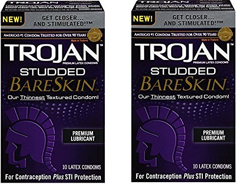Trojan Studded Bareskin Lubricated Condoms, 2 Boxes (10 Condoms)