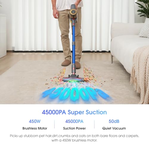 Cordless Vacuum Cleaner,Stick Vacuum 45KPA/450W/60min,Wall-mounted Charging/V-shaped Anti-Tangle,with Self-standing Function and Removable Battery,Vacuum Cleaner for Pet Hair,Carpets and Hard Floors - Image 2