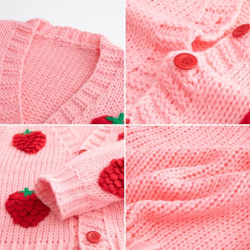Image of FindThy Women's Kawaii Strawberry Embroidered Cardigan Long Sleeve V Neck Chunky Knitted Cardigans Tops