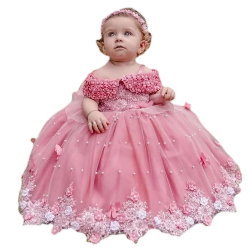 Flower Girl Dress Floral Appliques Pearls Butterfly Flowers Short Sleeve for Wedding Birthday Party Banquet Princess Holy Communion Gowns
